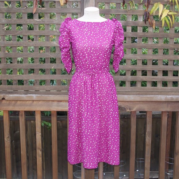 VINTAGE 80's Magenta White Polka Dot Puff Sleeve Midi Dress sz S Women's VTG - Picture 1 of 8